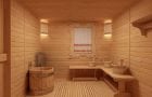In de badkamer, onbeklede houten vloeren