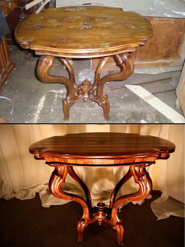 Lakattu pöytä ennen ja jälkeen kunnostuksen