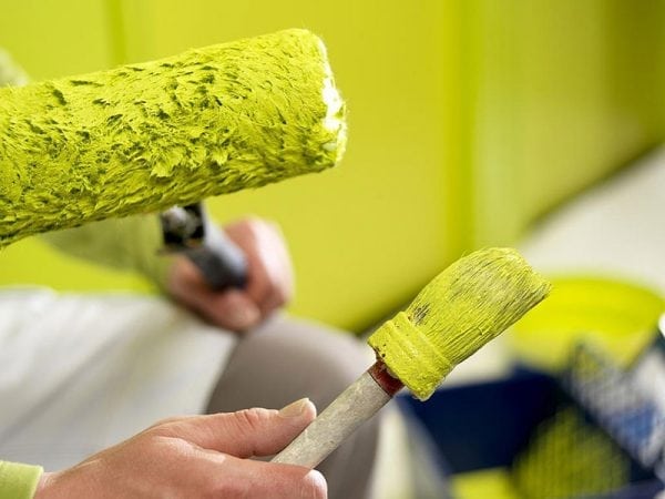 Paint roller and brush for painting the wall