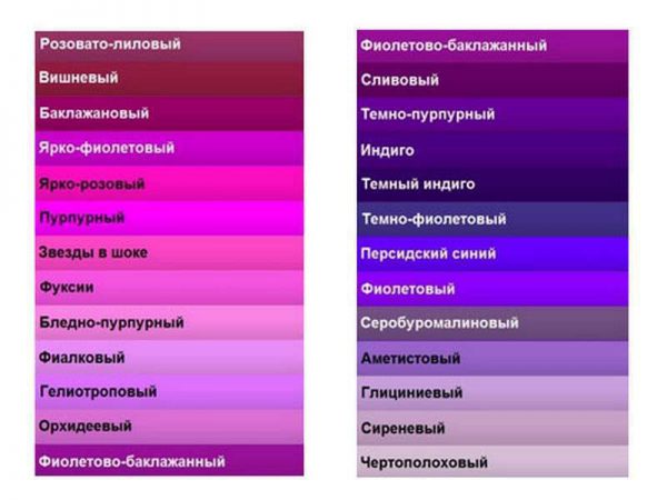 Namen van verschillende tinten paars