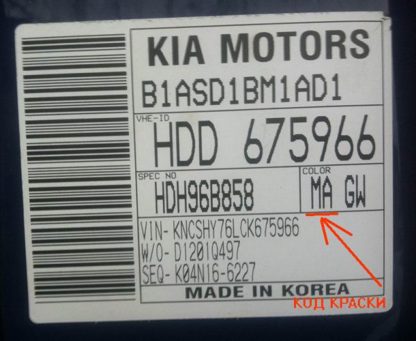 Indication of a paint code in KIA cars