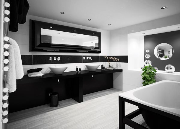 O preto é frequentemente usado no design de banheiros