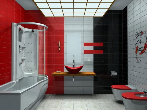 Roșu, alb-negru în baie