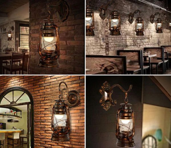 Lámparas de pared vintage bajo una lámpara de queroseno