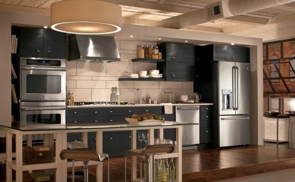 Household appliances from stainless steel in the interior of the kitchen