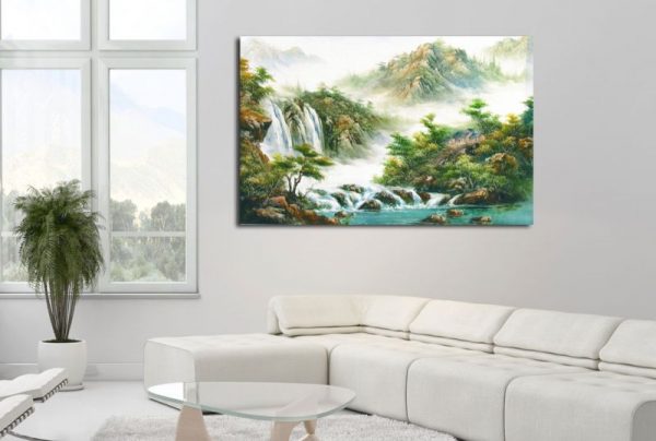 Glezna uz audekla interjerā - ūdenskritumi