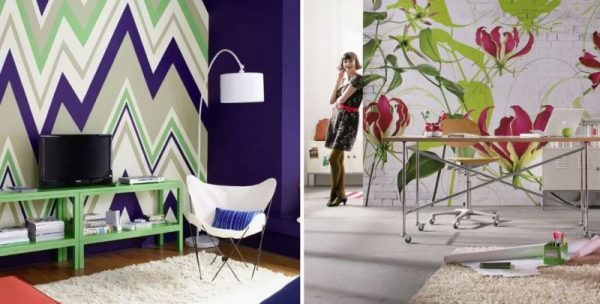 Geometric prints and wallpapers with large flowers for walls