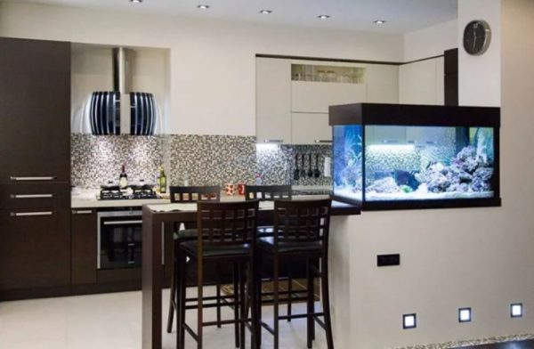 Bar counter with aquarium in the kitchen