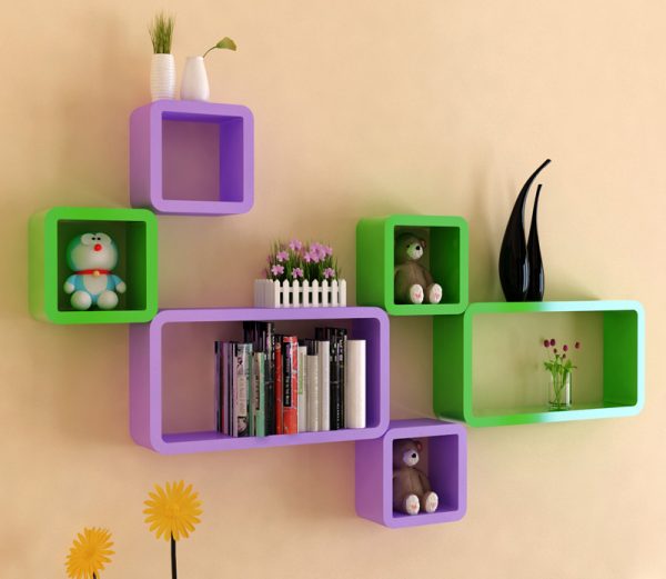 Colored shelves on the wall