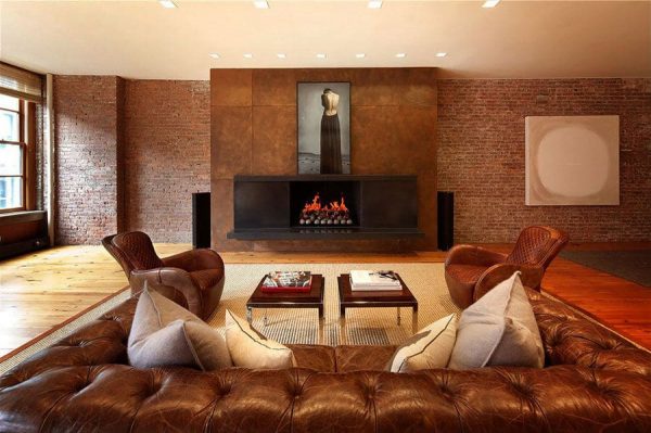 Loft style living room with fireplace