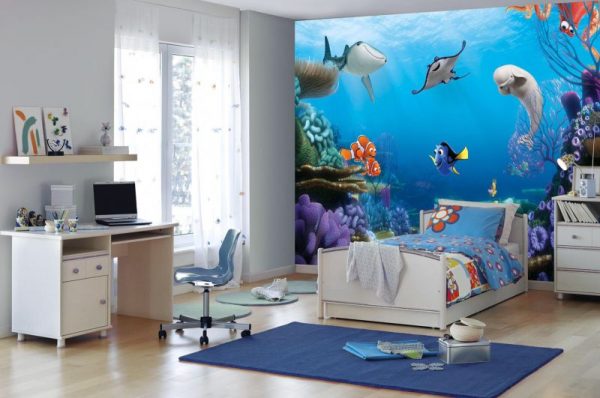 Jūras pasaules 3D tapetes bērnu istabas interjerā