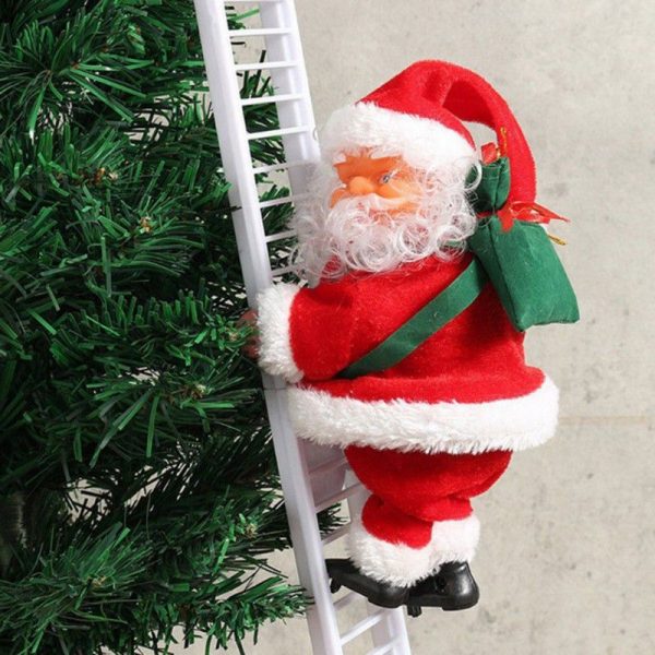 Climbing Santa Claus on the stairs to the Christmas tree