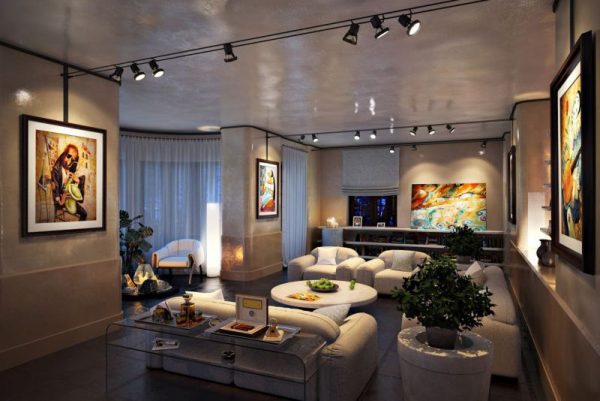 Ang pag-iilaw ng modernong istilo ng living room