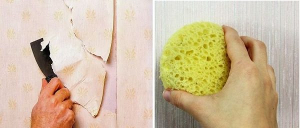 Removing old wallpaper with a sponge